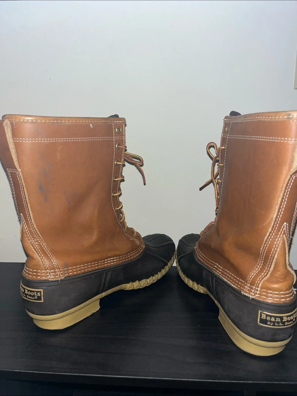 L.L. Bean Men's Brown Leather and Dark Brown Waterproof Duck Boots tall